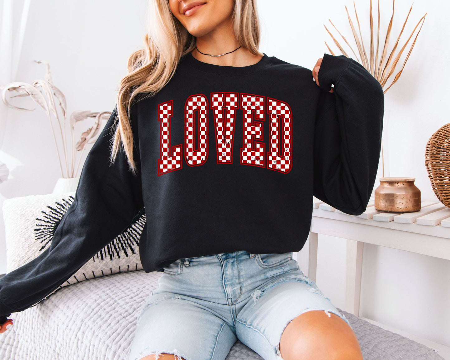 LOVED Sweatshirt | Retro Red Checkerboard Varsity Crewneck | Cute Valentine’s Day Gift for Her