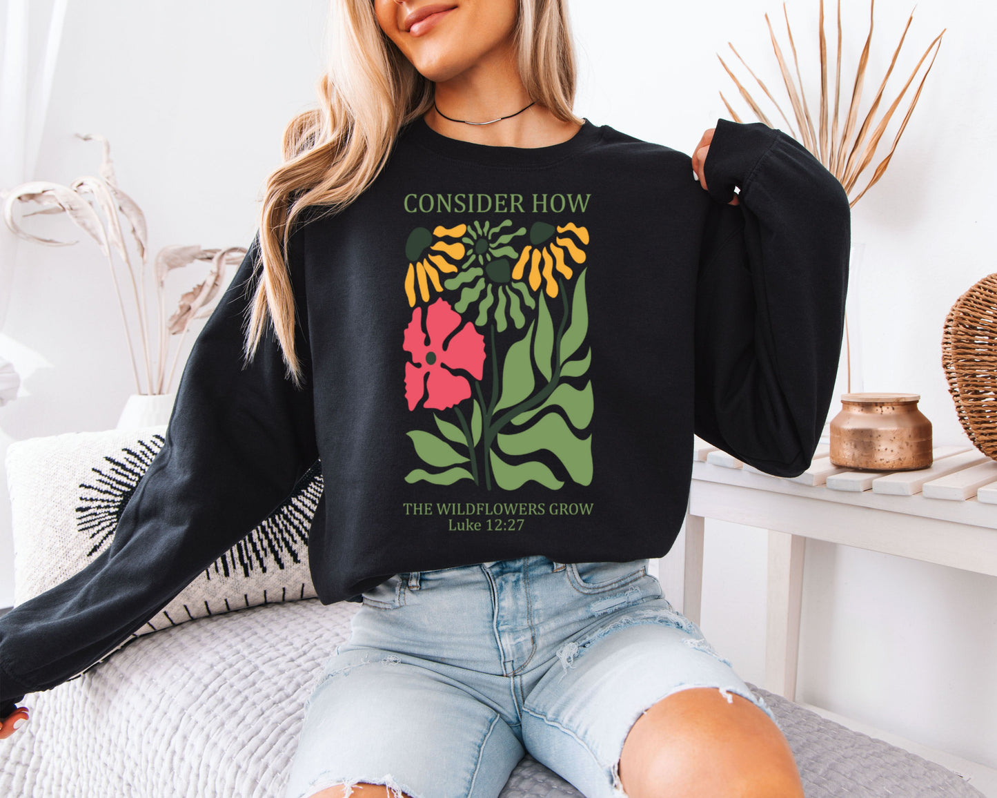 Consider the Wildflowers Sweatshirt – Luke 12:27 Christian Floral Crewneck, Botanical Scripture Pullover, Cottagecore Flower Graphic Sweater, Faith Gift for Women