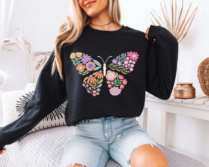 Vintage Butterfly Floral Sweatshirt, Cottagecore Garden Graphic Crewneck, Retro Nature Aesthetic Cozy Pullover