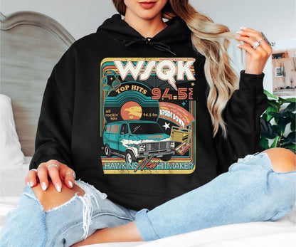 WSQK 94.5 FM Hawkins Hoodie – Stranger Things Inspired Retro Radio Hoodie, Vintage 80s Van Graphic, Unisex Cozy Sweatshirt