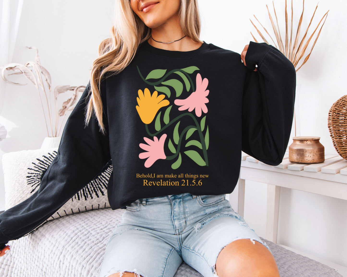 Cottagecore Bible Verse Sweatshirt, Floral Faith Graphic Crewneck, Relaxed Pullover