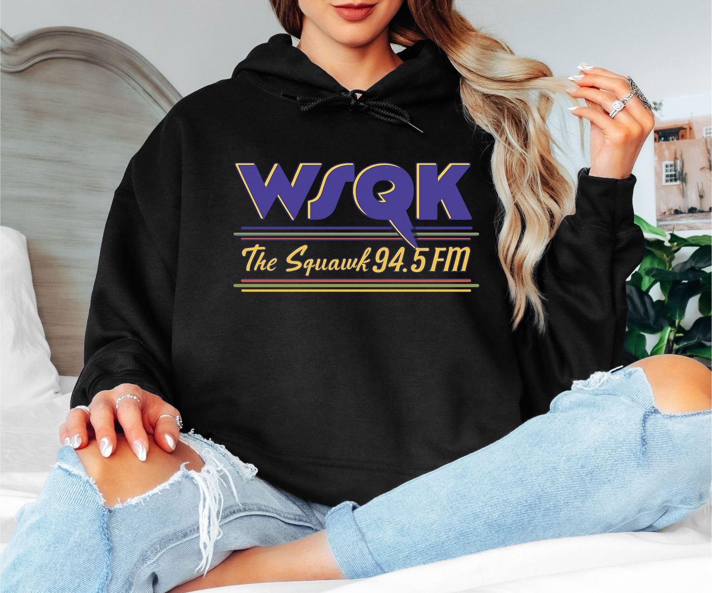 WSQK The Squawk 94.5 FM Hoodie – Retro Radio Station Inspired Hoodie, 80s Vintage Graphic Hoodie, Unisex Cozy Sweatshirt