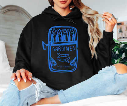 Wild Caught Sardine Tin Hoodie - Hand-Drawn Blue Aesthetic Pullover, Tinned Fish Lover Hooded Sweatshirt, Mediterranean Coastal Style Hoodie