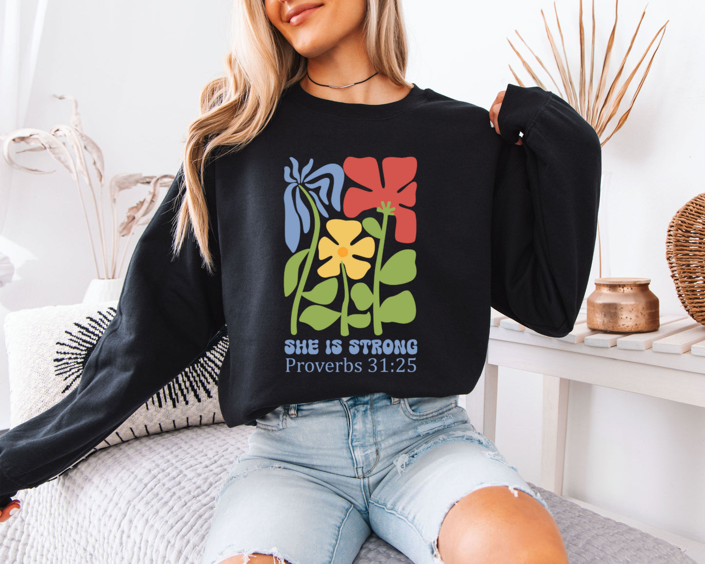 She Is Strong Proverbs 31:25 Floral Sweatshirt, Christian Women Bible Verse Crewneck, Cute Faith Flower Graphic Pullover, Inspirational Gift for Her
