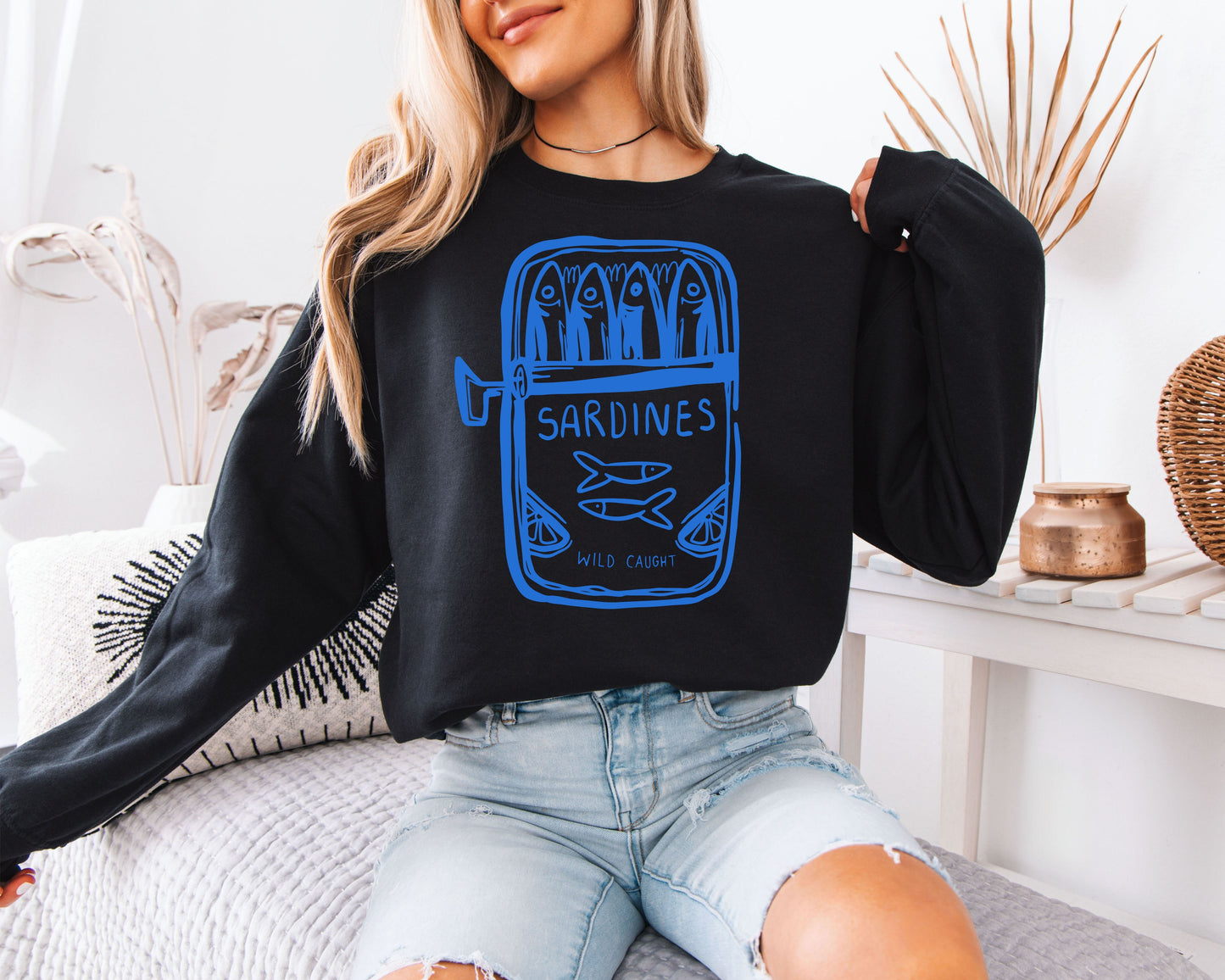 Wild Caught Sardine Tin Sweatshirt - Hand-Drawn Blue Aesthetic Pullover, Tinned Fish Lover Crewneck, Mediterranean Coastal Style Jumper