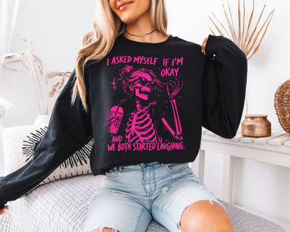 Sarcastic Skeleton Graphic Sweatshirt – Pink Quote Unisex Pullover, Bold Aesthetic Statement Sweatshirt
