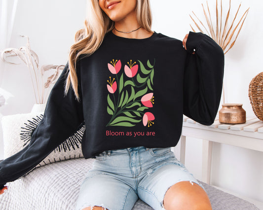 Simple Bloom Crewneck Sweatshirt, Minimal Botanical Graphic Pullover