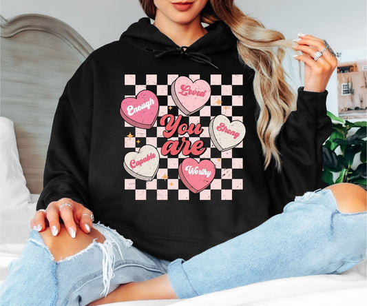 You Are Enough Loved Strong Worthy Hoodie - Positive Affirmations Hooded Sweatshirt, Pastel Conversation Hearts Pullover, Mental Health Awareness Hoodie, Kind Heart Aesthetic Gift