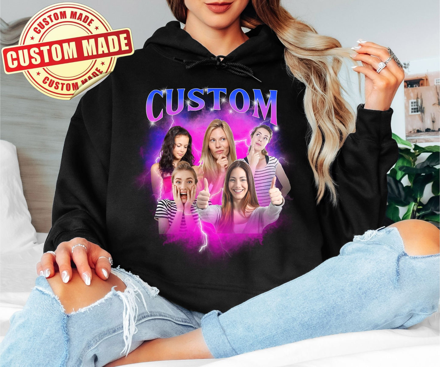 Custom Bootleg Hoodie - Personalized Friend Group Photo Sweatshirt - Funny Best Friend Gift - 90s Vintage Style