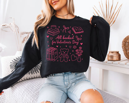 All Booked for Valentine’s Day Sweatshirt | Cute Doodle Book Lover Crewneck | Coquette Bear & Bows Reading Gift