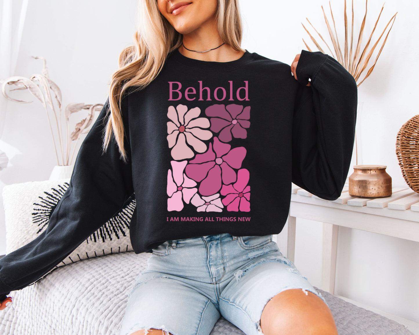 Behold Floral Christian Sweatshirt, Pink Flower Bible Verse Crewneck, Faith Inspired Scripture Pullover, Cute Aesthetic Cozy Sweater for Women