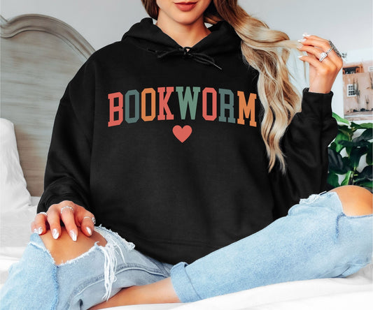 Colorful Retro Bookworm Hoodie - Groovy Reading Lover Hooded Sweatshirt, Aesthetic Librarian Pullover, Vintage Bookish Heart Hoodie, Cute Teacher Appreciation Apparel