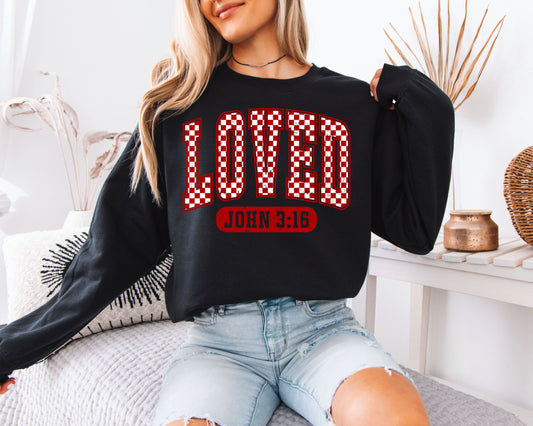 LOVED John 3:16 Sweatshirt | Distressed Varsity Christian Crewneck | Bible Verse Valentine Gift