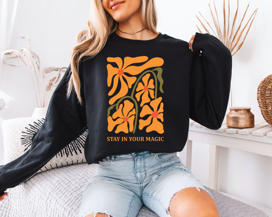 Nature Walk Sweatshirt, Wildflower Illustration Crewneck Pullover, Relaxed Casual Top