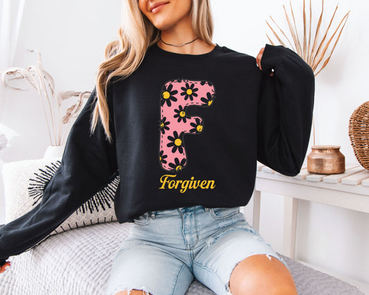 Pink Forgiven Christian Sweatshirt, Floral Bible Verse Graphic Crewneck, Relaxed Fit Pullover