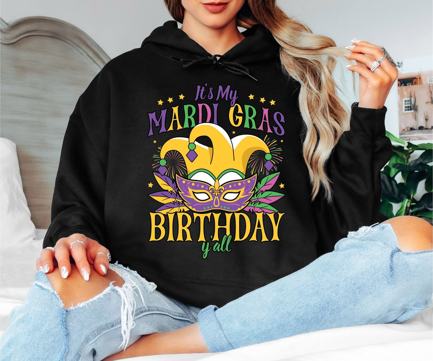 Mardi Gras Hoodie – Beads Masks & Carnival Fun