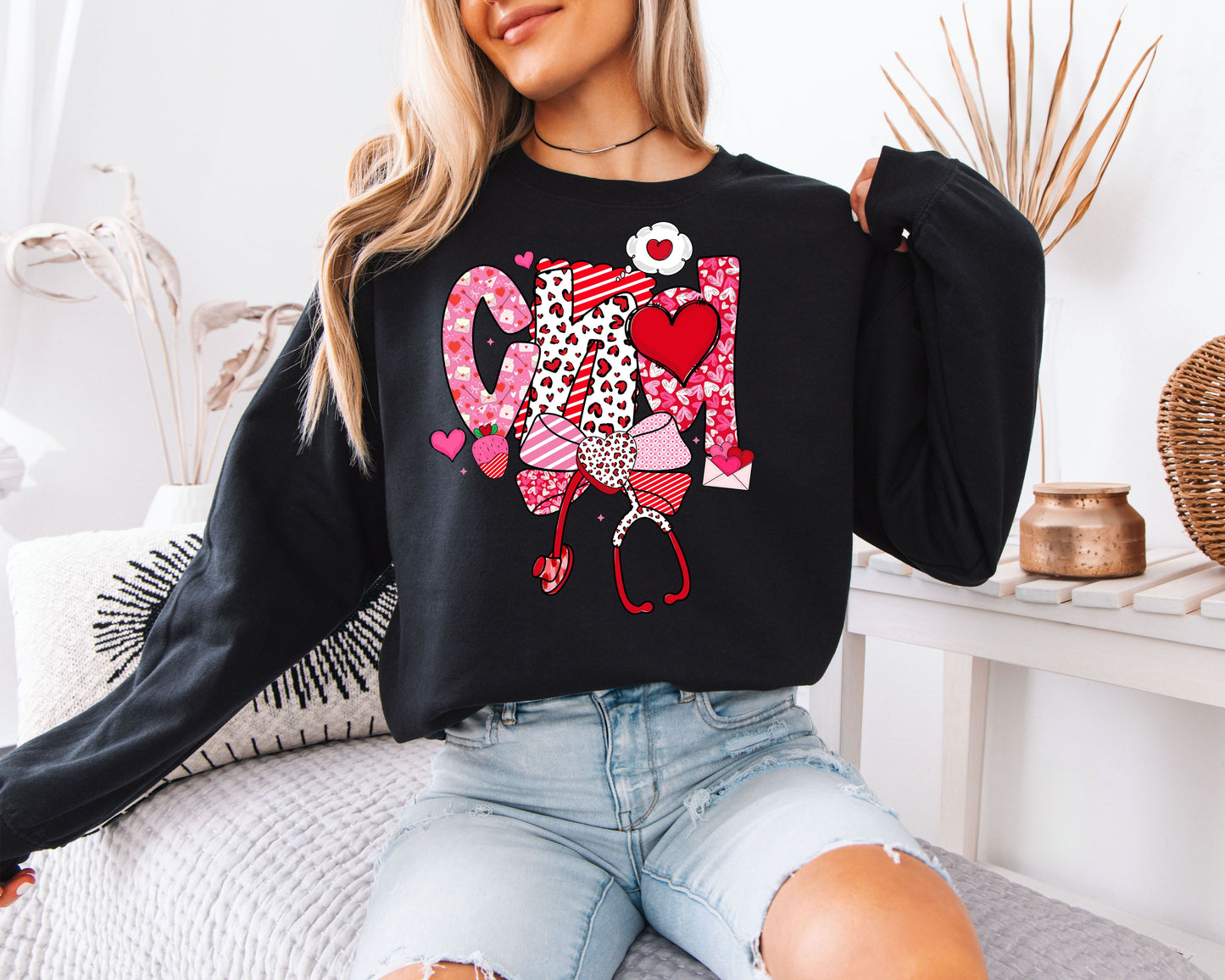 CNA Valentine’s Day Sweatshirt | Cute Nursing Stethoscope Crewneck | Heart Pattern Gift for Nurse