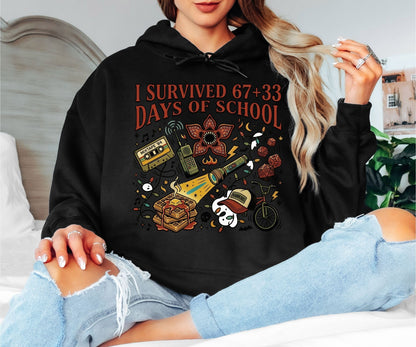 I Survived 67+33 Days of School Hoodie – Stranger Things Inspired Hawkins Graphic Hoodie, Funny End of School Unisex Sweatshirt