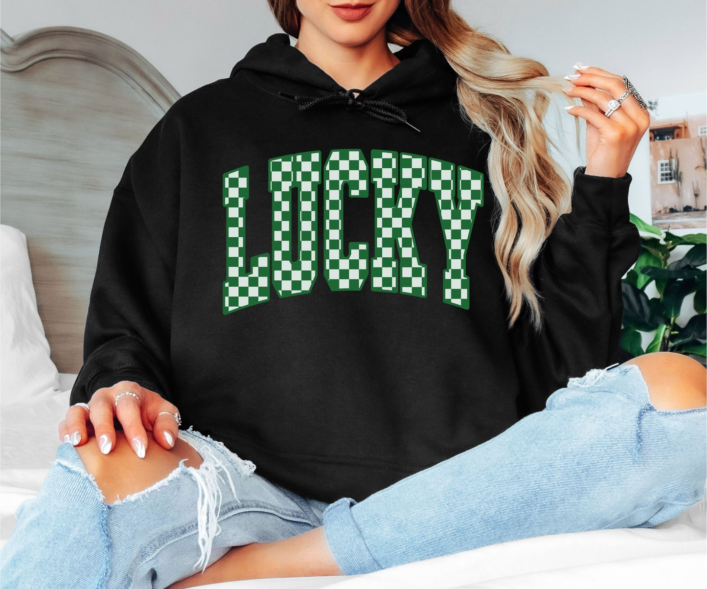 Lucky Checkerboard Hoodie, Green Retro Graphic Hoodie, Cozy Unisex Pullover for Everyday Wear