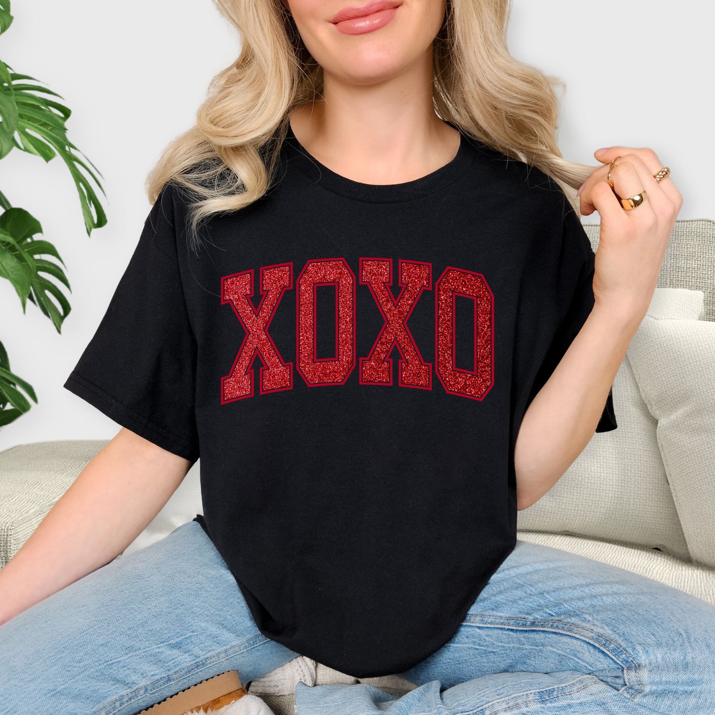 XOXO Glitter Red Varsity Shirt - Valentine’s Day T-Shirt, Sparkling Love Statement Tee, Cute Romantic Gift for Her, Glamorous XOXO Holiday Jumper