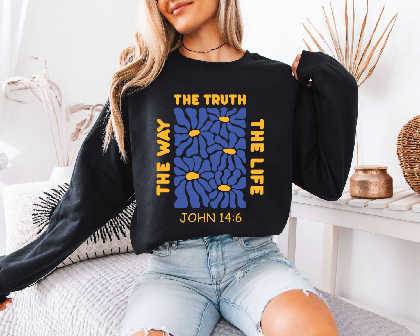 Christian Bible Verse Sweatshirt, John 14:6 Scripture Floral Crewneck, Faith-Based Retro Graphic Pullover