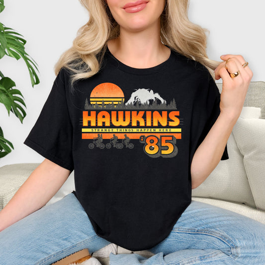 Hawkins 85 Strange Things Happen Here Shirt - Retro 80s Sunset T-Shirt, Sci-Fi Adventure Tee, Vintage Style Biking Squad Sweatshirt, Nostalgic Fan Gift