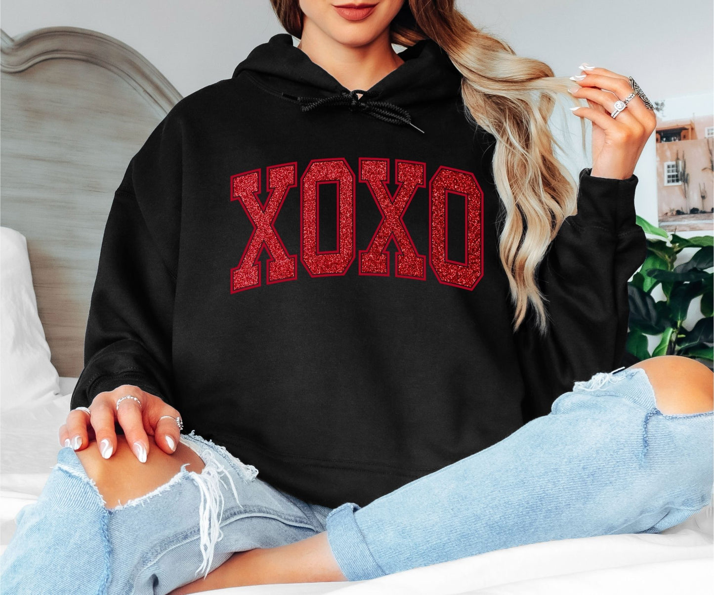 XOXO Glitter Red Varsity Hoodie - Valentine’s Day Hooded Sweatshirt, Sparkling Love Statement Pullover, Cute Romantic Gift for Her, Glamorous XOXO Holiday Hoodie