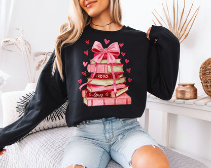 Coquette Book Stack Sweatshirt | Watercolor Pink Bow & Books Valentine Crewneck | Romantic Reading Gift
