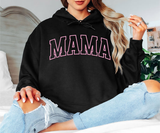 Pink Outline Mama Hoodie - Minimalist Varsity Motherhood Hooded Sweatshirt, Cute Aesthetic Mama Pullover, Mother’s Day Gift, Trendy Pastel Mom Life Hoodie