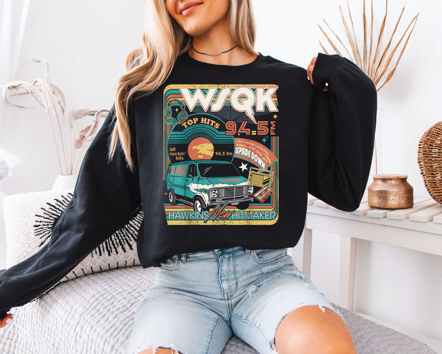 WSQK 94.5 FM Hawkins Sweatshirt, Retro Radio Van Graphic, 80s Nostalgia Unisex Crewneck, Sci-Fi TV Fan Apparel