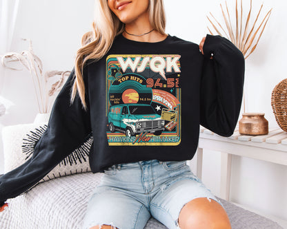 WSQK 94.5 FM Hawkins Sweatshirt, Retro Radio Van Graphic, 80s Nostalgia Unisex Crewneck, Sci-Fi TV Fan Apparel