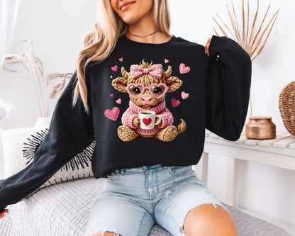 Cute Highland Cow Valentine Sweatshirt | Faux Crochet Style Coffee Lover Crewneck | Adorable Farm Animal Gift