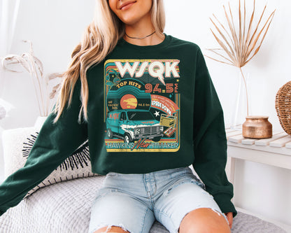 WSQK 94.5 FM Hawkins Sweatshirt, Retro Radio Van Graphic, 80s Nostalgia Unisex Crewneck, Sci-Fi TV Fan Apparel