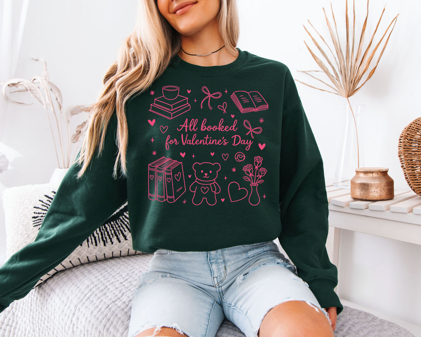 All Booked for Valentine’s Day Sweatshirt | Cute Doodle Book Lover Crewneck | Coquette Bear & Bows Reading Gift