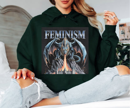 Feminism Dragon Hoodie - Heavy Metal Aesthetic Hooded Sweatshirt, Fire Breathing Dragon Pullover, Fantasy Feminist Hoodie, Edgy Empowerment Gift