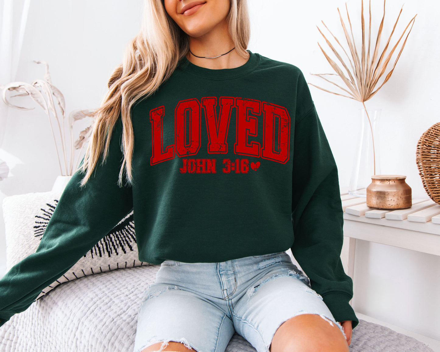 LOVED John 3:16 Sweatshirt | Distressed Varsity Christian Crewneck | Bible Verse Valentine Gift