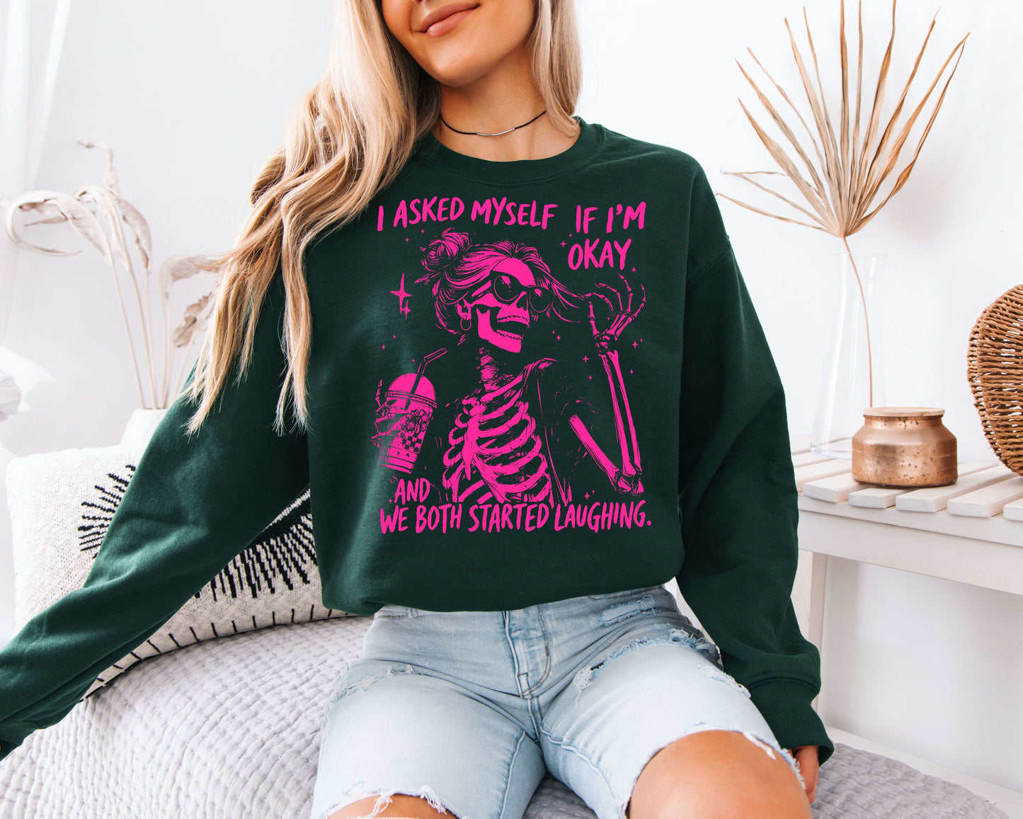 Sarcastic Skeleton Graphic Sweatshirt – Pink Quote Unisex Pullover, Bold Aesthetic Statement Sweatshirt