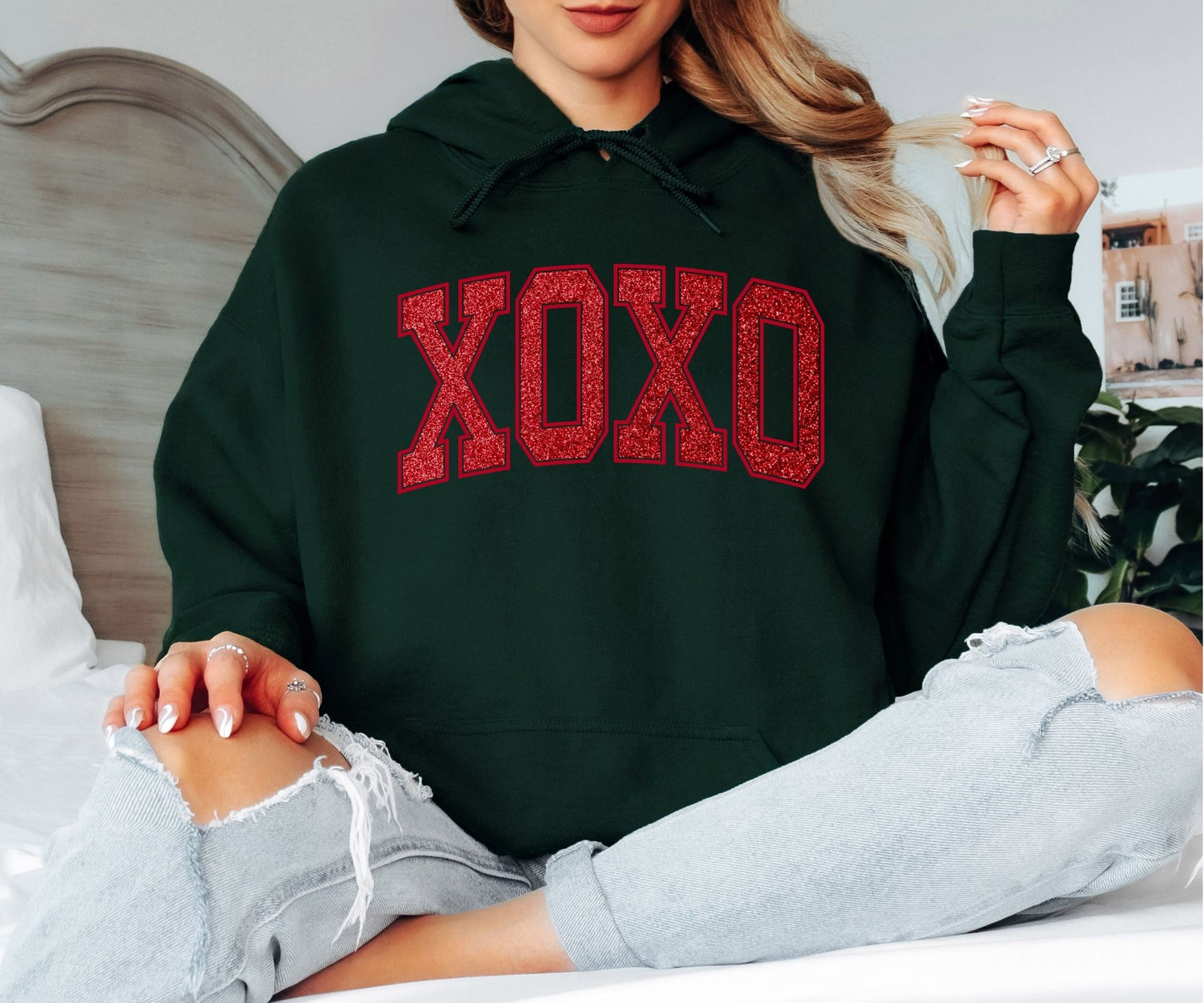 XOXO Glitter Red Varsity Hoodie - Valentine’s Day Hooded Sweatshirt, Sparkling Love Statement Pullover, Cute Romantic Gift for Her, Glamorous XOXO Holiday Hoodie