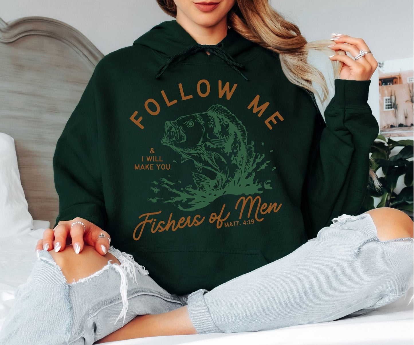 Fishers of Men Christian Hoodie - Matthew 4:19 Bible Verse Hooded Sweatshirt, Vintage Fishing Graphic Pullover, Religious Faith Hoodie, Angler Gift