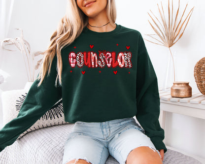 Counselor Valentine’s Day Sweatshirt | Cute Leopard & Heart Pattern Crewneck | School Guidance Gift