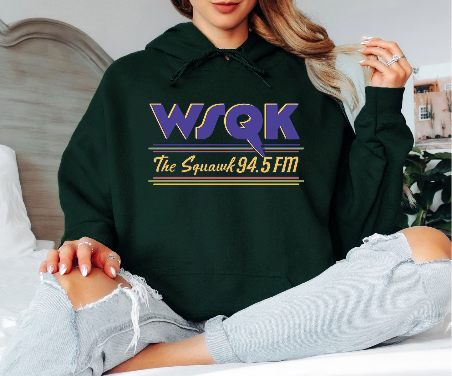 WSQK The Squawk 94.5 FM Hoodie – Retro Radio Station Inspired Hoodie, 80s Vintage Graphic Hoodie, Unisex Cozy Sweatshirt