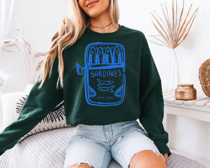 Wild Caught Sardine Tin Sweatshirt - Hand-Drawn Blue Aesthetic Pullover, Tinned Fish Lover Crewneck, Mediterranean Coastal Style Jumper