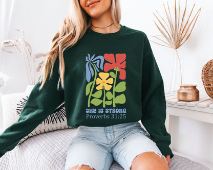 She Is Strong Proverbs 31:25 Floral Sweatshirt, Christian Women Bible Verse Crewneck, Cute Faith Flower Graphic Pullover, Inspirational Gift for Her