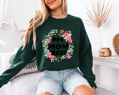 Wife Mom Boss Floral Sweatshirt, Cute Mama Graphic Crewneck Pullover, Strong Mom Life Shirt, Mother’s Day Gift for Her, Cozy Everyday Sweater
