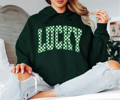 Lucky Checkerboard Hoodie, Green Retro Graphic Hoodie, Cozy Unisex Pullover for Everyday Wear