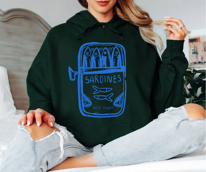 Wild Caught Sardine Tin Hoodie - Hand-Drawn Blue Aesthetic Pullover, Tinned Fish Lover Hooded Sweatshirt, Mediterranean Coastal Style Hoodie