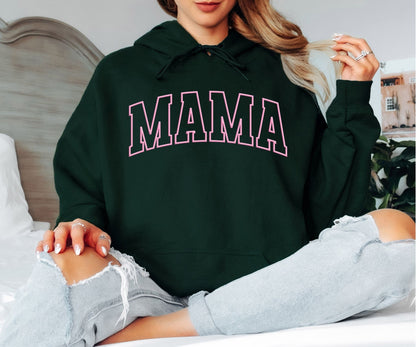 Pink Outline Mama Hoodie - Minimalist Varsity Motherhood Hooded Sweatshirt, Cute Aesthetic Mama Pullover, Mother’s Day Gift, Trendy Pastel Mom Life Hoodie