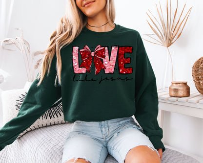 Love Like Jesus Sweatshirt | Faux Sequin Coquette Bow Crewneck | Cute Christian Valentine Gift