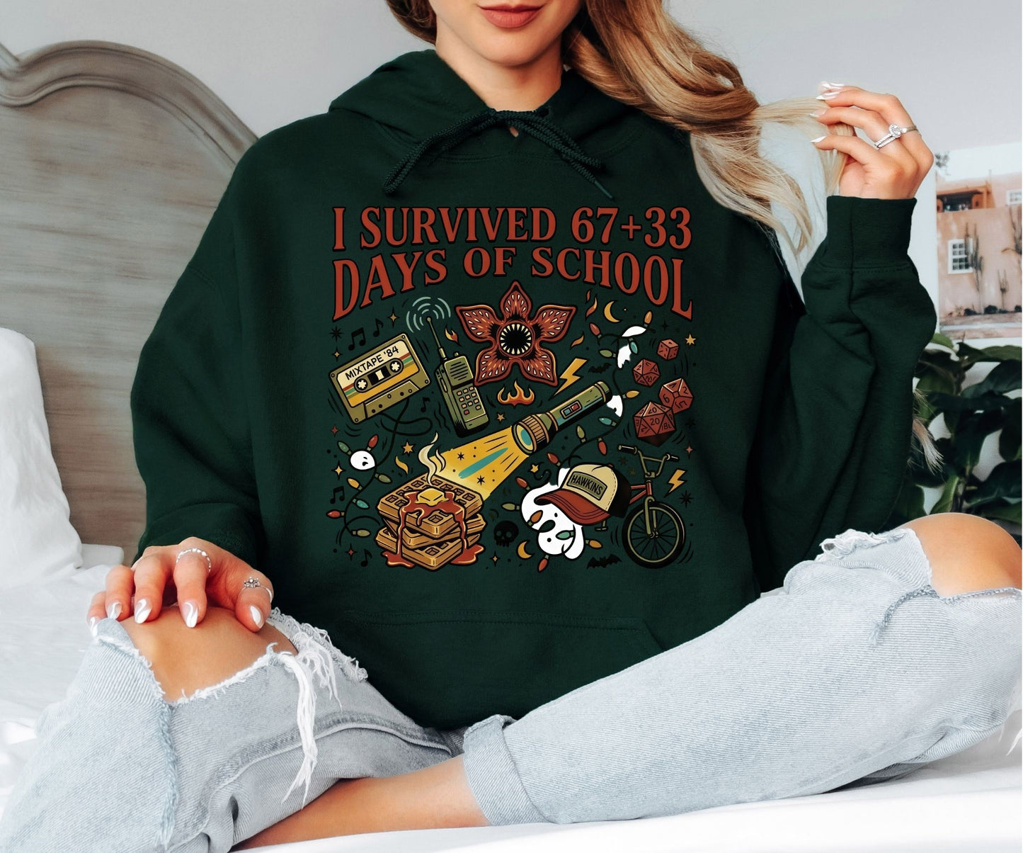 I Survived 67+33 Days of School Hoodie – Stranger Things Inspired Hawkins Graphic Hoodie, Funny End of School Unisex Sweatshirt