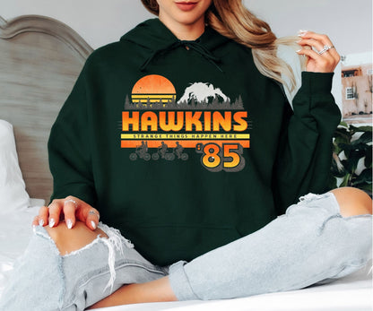 Hawkins ’85 Hoodie – Stranger Things Inspired Retro 80s Graphic Hoodie, Hawkins Indiana Vintage Sci-Fi Unisex Sweatshirt